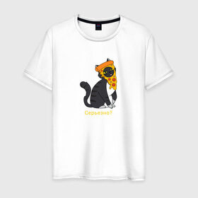 Мужская футболка хлопок с принтом Забавный кот в Курске, 100% хлопок | прямой крой, круглый вырез горловины, длина до линии бедер, слегка спущенное плечо. | животные | кот | котенок | пицца | смешной кот