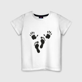 Детская футболка хлопок с принтом Руки-ноги в Курске, 100% хлопок | круглый вырез горловины, полуприлегающий силуэт, длина до линии бедер | ноги | отпечатки | руки | руки ноги | черное лого | черные отпечатки | черный принт