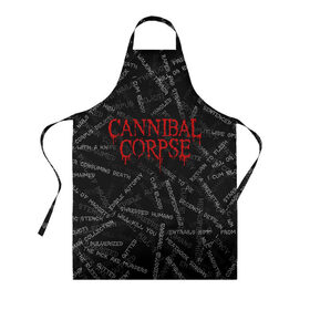 Фартук 3D с принтом Cannibal Corpse | Songs (Z) в Курске, 100% полиэстер | общий размер — 65 х 85 см, ширина нагрудника — 26 см, горловина — 53 см, длина завязок — 54 см, общий обхват в поясе — 173 см. Принт на завязках и на горловине наносится с двух сторон, на основной части фартука — только с внешней стороны | cannibal | cannibal corpse | corpse | death metal | deathgrind | алекс уэбстер | брутальный дэт метал | дэт метал | дэтграйнд | пол мазуркевич | роб барретт | труп каннибала