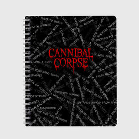 Тетрадь с принтом Cannibal Corpse | Songs (Z) в Курске, 100% бумага | 48 листов, плотность листов — 60 г/м2, плотность картонной обложки — 250 г/м2. Листы скреплены сбоку удобной пружинной спиралью. Уголки страниц и обложки скругленные. Цвет линий — светло-серый
 | cannibal | cannibal corpse | corpse | death metal | deathgrind | алекс уэбстер | брутальный дэт метал | дэт метал | дэтграйнд | пол мазуркевич | роб барретт | труп каннибала