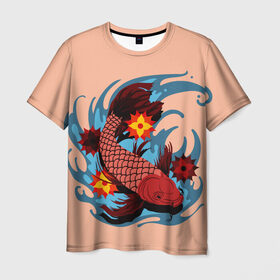 Мужская футболка 3D с принтом Японский Карп в Курске, 100% полиэфир | прямой крой, круглый вырез горловины, длина до линии бедер | fish | japan | koi | животные | иероглифы | карпы | кои | рыбы | цветы | япония