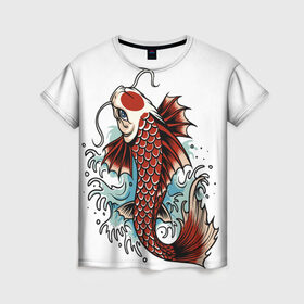 Женская футболка 3D с принтом Карп Кои (Япония) в Курске, 100% полиэфир ( синтетическое хлопкоподобное полотно) | прямой крой, круглый вырез горловины, длина до линии бедер | fish | japan | koi | животные | иероглифы | карпы | кои | рыбы | цветы | япония