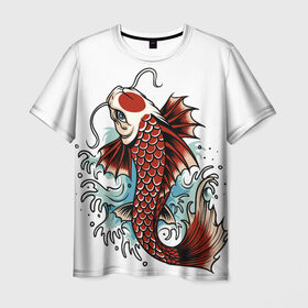 Мужская футболка 3D с принтом Карп Кои (Япония) в Курске, 100% полиэфир | прямой крой, круглый вырез горловины, длина до линии бедер | Тематика изображения на принте: fish | japan | koi | животные | иероглифы | карпы | кои | рыбы | цветы | япония