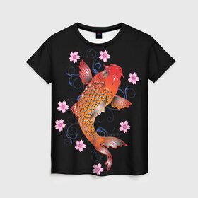 Женская футболка 3D с принтом Карп Кои с Цветами в Курске, 100% полиэфир ( синтетическое хлопкоподобное полотно) | прямой крой, круглый вырез горловины, длина до линии бедер | fish | japan | koi | животные | иероглифы | карпы | кои | рыбы | цветы | япония