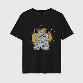 Женская футболка хлопок Oversize с принтом Лунный котик в Курске, 100% хлопок | свободный крой, круглый ворот, спущенный рукав, длина до линии бедер
 | astro | cat | esoteric | kitten | kitty | moon cat | stars | taro | tarot | астро | астрология | гадалка | гадание | звезды | каббала | карта таро | карта таро с котом | кот | кот с луной | котенок | кошка | луна | нумерология