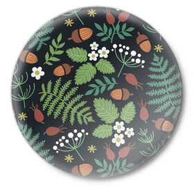 Значок с принтом Природа в Курске,  металл | круглая форма, металлическая застежка в виде булавки | желуди | папоротник | природа | растения | цветы
