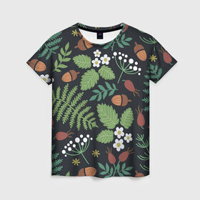 Женская футболка 3D с принтом Природа в Курске, 100% полиэфир ( синтетическое хлопкоподобное полотно) | прямой крой, круглый вырез горловины, длина до линии бедер | желуди | папоротник | природа | растения | цветы