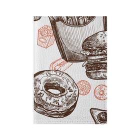 Обложка для паспорта матовая кожа с принтом Вкусности в Курске, натуральная матовая кожа | размер 19,3 х 13,7 см; прозрачные пластиковые крепления | Тематика изображения на принте: бургер | вкусности | еда | пончик | попкорн | фастфуд | хот дог