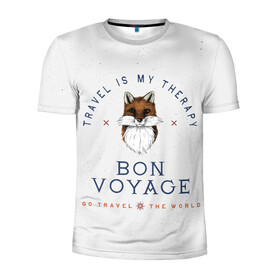 Мужская футболка 3D спортивная с принтом Fox traveler в Курске, 100% полиэстер с улучшенными характеристиками | приталенный силуэт, круглая горловина, широкие плечи, сужается к линии бедра | fox | бон вояж | лиса | лиса путешественница | путешествия