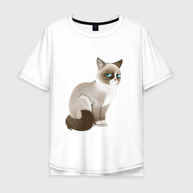 Мужская футболка хлопок Oversize с принтом Grumpy Cat в Курске, 100% хлопок | свободный крой, круглый ворот, “спинка” длиннее передней части | grumpy cat | грустный кот | кот мем | мем | сердитая кошка