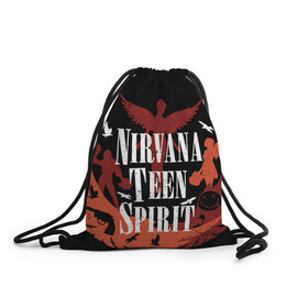 Рюкзак-мешок 3D с принтом NIRVANA TEEN SPIRIT в Курске, 100% полиэстер | плотность ткани — 200 г/м2, размер — 35 х 45 см; лямки — толстые шнурки, застежка на шнуровке, без карманов и подкладки | art | cobain | curt | girl | grunge | metal | music | nirvana | punk | rock | spiritm | usa | гранж | группа | кобэйн | курт | метал | музыка | нирвана | панк | рисунок | рок | сша