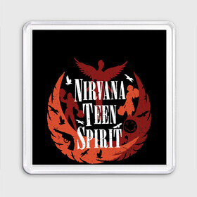 Магнит 55*55 с принтом NIRVANA TEEN SPIRIT в Курске, Пластик | Размер: 65*65 мм; Размер печати: 55*55 мм | art | cobain | curt | girl | grunge | metal | music | nirvana | punk | rock | spiritm | usa | гранж | группа | кобэйн | курт | метал | музыка | нирвана | панк | рисунок | рок | сша