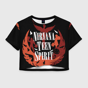 Женская футболка Crop-top 3D с принтом NIRVANA TEEN SPIRIT в Курске, 100% полиэстер | круглая горловина, длина футболки до линии талии, рукава с отворотами | art | cobain | curt | girl | grunge | metal | music | nirvana | punk | rock | spiritm | usa | гранж | группа | кобэйн | курт | метал | музыка | нирвана | панк | рисунок | рок | сша