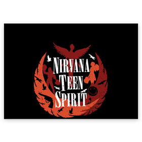 Поздравительная открытка с принтом NIRVANA TEEN SPIRIT в Курске, 100% бумага | плотность бумаги 280 г/м2, матовая, на обратной стороне линовка и место для марки
 | art | cobain | curt | girl | grunge | metal | music | nirvana | punk | rock | spiritm | usa | гранж | группа | кобэйн | курт | метал | музыка | нирвана | панк | рисунок | рок | сша