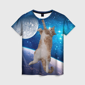 Женская футболка 3D с принтом Кисулькин в космосе в Курске, 100% полиэфир ( синтетическое хлопкоподобное полотно) | прямой крой, круглый вырез горловины, длина до линии бедер | астроном пушистый | барсик | звезды | космос | котики | коты