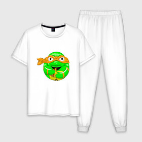Мужская пижама хлопок с принтом Микеланджело с пиццей в Курске, 100% хлопок | брюки и футболка прямого кроя, без карманов, на брюках мягкая резинка на поясе и по низу штанин
 | donatello | leonardo | michelangelo | ninja | pizza | raphael | turtles | донателло | животные | карате | комикс | комиксы | леонардо | микеланджело | мультфильм | мутант | мутанты | ниндзя | пицца | рафаэль | сплинтер | супергерой