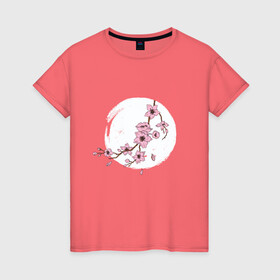 Женская футболка хлопок с принтом Ветка Сакуры в лунном свете в Курске, 100% хлопок | прямой крой, круглый вырез горловины, длина до линии бедер, слегка спущенное плечо | cherry blossom | culture | enso | japan | monnlight | moon | moonshine | sakura | spring | акварель | весна | вишня | дерево | живопись | искусство | культура | луна | на фоне луны | рисунок | рисунок сакуры | сакура | слива | энсо | япония 