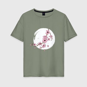 Женская футболка хлопок Oversize с принтом Ветка Сакуры в лунном свете в Курске, 100% хлопок | свободный крой, круглый ворот, спущенный рукав, длина до линии бедер
 | Тематика изображения на принте: cherry blossom | culture | enso | japan | monnlight | moon | moonshine | sakura | spring | акварель | весна | вишня | дерево | живопись | искусство | культура | луна | на фоне луны | рисунок | рисунок сакуры | сакура | слива | энсо | япония 