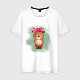 Мужская футболка хлопок с принтом Мишка в Курске, 100% хлопок | прямой крой, круглый вырез горловины, длина до линии бедер, слегка спущенное плечо. | венок | косолапый | лес | мишка | цветы
