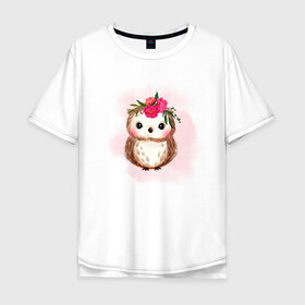 Мужская футболка хлопок Oversize с принтом Совушка в Курске, 100% хлопок | свободный крой, круглый ворот, “спинка” длиннее передней части | венок | неясыть | птица | филин | цветы