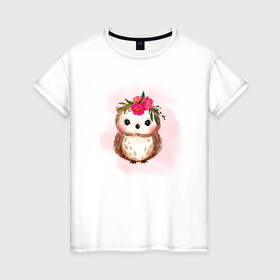 Женская футболка хлопок с принтом Совушка в Курске, 100% хлопок | прямой крой, круглый вырез горловины, длина до линии бедер, слегка спущенное плечо | венок | неясыть | птица | филин | цветы