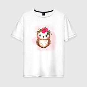 Женская футболка хлопок Oversize с принтом Совушка в Курске, 100% хлопок | свободный крой, круглый ворот, спущенный рукав, длина до линии бедер
 | венок | неясыть | птица | филин | цветы