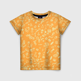 Детская футболка 3D с принтом оранжевая еда в Курске, 100% гипоаллергенный полиэфир | прямой крой, круглый вырез горловины, длина до линии бедер, чуть спущенное плечо, ткань немного тянется | Тематика изображения на принте: еда | кофе | овощи | пончики | фрукты | чай