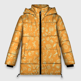Женская зимняя куртка Oversize с принтом оранжевая еда в Курске, верх — 100% полиэстер; подкладка — 100% полиэстер; утеплитель — 100% полиэстер | длина ниже бедра, силуэт Оверсайз. Есть воротник-стойка, отстегивающийся капюшон и ветрозащитная планка. 

Боковые карманы с листочкой на кнопках и внутренний карман на молнии | Тематика изображения на принте: еда | кофе | овощи | пончики | фрукты | чай