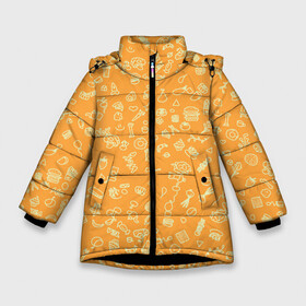 Зимняя куртка для девочек 3D с принтом оранжевая еда в Курске, ткань верха — 100% полиэстер; подклад — 100% полиэстер, утеплитель — 100% полиэстер. | длина ниже бедра, удлиненная спинка, воротник стойка и отстегивающийся капюшон. Есть боковые карманы с листочкой на кнопках, утяжки по низу изделия и внутренний карман на молнии. 

Предусмотрены светоотражающий принт на спинке, радужный светоотражающий элемент на пуллере молнии и на резинке для утяжки. | Тематика изображения на принте: еда | кофе | овощи | пончики | фрукты | чай