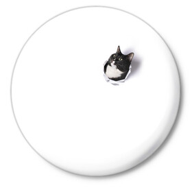Значок с принтом КОТ В СЕРДЦЕ в Курске,  металл | круглая форма, металлическая застежка в виде булавки | вылезает | кот | котенок | кошка | наружу | разрыв | рвет | ткань