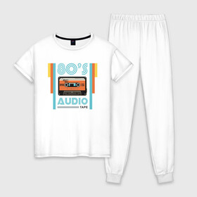 Женская пижама хлопок с принтом 80s Audio Tape Кассета в Курске, 100% хлопок | брюки и футболка прямого кроя, без карманов, на брюках мягкая резинка на поясе и по низу штанин | 80 | 80 е | винтаж | кассета | музыка | регги | рэгги | электронная музыка