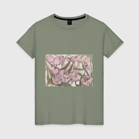Женская футболка хлопок с принтом Сахарный розовый в Курске, 100% хлопок | прямой крой, круглый вырез горловины, длина до линии бедер, слегка спущенное плечо | flowers | sugar pink | бутоны | весна | женственность | нежность | природа | тюльпан | флавер | цветы