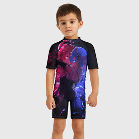 Детский купальный костюм 3D с принтом Рам и Рем в Курске, Полиэстер 85%, Спандекс 15% | застежка на молнии на спине | аниме | девушки | перелив цветов | резеро | тян