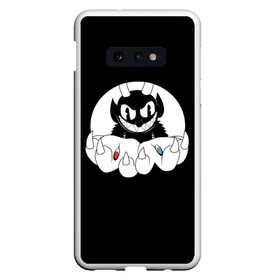 Чехол для Samsung S10E с принтом CUPHEAD THE MATRIX в Курске, Силикон | Область печати: задняя сторона чехла, без боковых панелей | art | blue | cartoon | cup | cuphead | devil | dice | game | king | matrix | mugman | red | the | арт | бос | босс | голова | демон | дьявол | игра | капхед | красный | магмен | матрица | мультик | мультфильм | платформер | синий | чаша | чашка