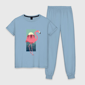 Женская пижама хлопок с принтом Фламинго лес и закат в Курске, 100% хлопок | брюки и футболка прямого кроя, без карманов, на брюках мягкая резинка на поясе и по низу штанин | Тематика изображения на принте: africa | afrika | bird | double exposure | fashion | flamingo | forest | landscape | pink flamingo | summer | sunset | африка | двойная экспозиция | лес | лето | мода | нарисованный фламинго | пейзаж | птица | рисунок | розовый фламинго | тре
