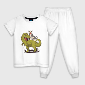 Детская пижама хлопок с принтом Хаски верхом на Динозавре в Курске, 100% хлопок |  брюки и футболка прямого кроя, без карманов, на брюках мягкая резинка на поясе и по низу штанин
 | dinosaur | dog | funny | husky | oil | rex | t rex | большой динозавр | в луже | динозавры приколы | лужа | маламут | нефть | огромный динозавр | порода | прикол | рекс | сибирский хаски | смешной хаски | собака