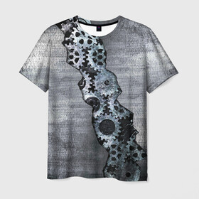 Мужская футболка 3D с принтом Шестеренки в Курске, 100% полиэфир | прямой крой, круглый вырез горловины, длина до линии бедер | метал | механизм | разлом | сталь | шестеренки