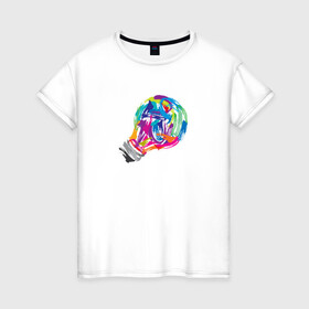 Женская футболка хлопок с принтом Лампочка в Курске, 100% хлопок | прямой крой, круглый вырез горловины, длина до линии бедер, слегка спущенное плечо | акварель | лампочка | мазки кистью | рисунок | цвета