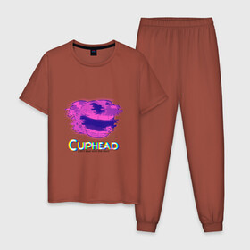 Мужская пижама хлопок с принтом Cuphead Glitch в Курске, 100% хлопок | брюки и футболка прямого кроя, без карманов, на брюках мягкая резинка на поясе и по низу штанин
 | Тематика изображения на принте: glitch | голова | фиолетовый | чашка