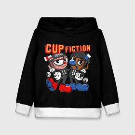 Детская толстовка 3D с принтом CUP FICTION в Курске, 100% полиэстер | двухслойный капюшон со шнурком для регулировки, мягкие манжеты на рукавах и по низу толстовки, спереди карман-кенгуру с мягким внутренним слоем | art | cartoon | cup | cuphead | devil | dice | fiction | game | king | mugman | pulp | the | арт | бос | босс | голова | демон | дьявол | игра | капхед | криминальное | магмен | мультик | мультфильм | платформер | чаша | чашка | человек | черт 