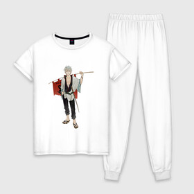 Женская пижама хлопок с принтом Gintama Gintoki   в Курске, 100% хлопок | брюки и футболка прямого кроя, без карманов, на брюках мягкая резинка на поясе и по низу штанин | anime | ginatama | gintoki | manga | аниме | гинтама | гинтоки | друзья | манга