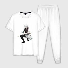 Мужская пижама хлопок с принтом Гинтоки Саката в Курске, 100% хлопок | брюки и футболка прямого кроя, без карманов, на брюках мягкая резинка на поясе и по низу штанин
 | anime | ginatama | gintoki | manga | аниме | гинтама | гинтоки | друзья | манга