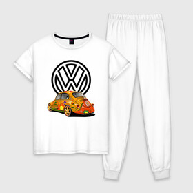 Женская пижама хлопок с принтом Volkswagen  в Курске, 100% хлопок | брюки и футболка прямого кроя, без карманов, на брюках мягкая резинка на поясе и по низу штанин | car | volkswagen | жук | классика | машина | скорость