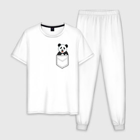 Мужская пижама хлопок с принтом Довольная Панда в Кармане в Курске, 100% хлопок | брюки и футболка прямого кроя, без карманов, на брюках мягкая резинка на поясе и по низу штанин
 | animals | beats | head | panda | pocket | в кармане | голова | животные | звери | лапки | любовь | панда | улыбка