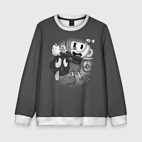 Детский свитшот 3D с принтом CUPHEAD в Курске, 100% полиэстер | свободная посадка, прямой крой, мягкая тканевая резинка на рукавах и понизу свитшота | art | cartoon | cup | cuphead | devil | dice | game | king | mugman | the | арт | бос | босс | голова | демон | дьявол | игра | капхед | магмен | мультик | мультфильм | платформер | чаша | чашка | человек | черт