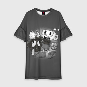 Детское платье 3D с принтом CUPHEAD в Курске, 100% полиэстер | прямой силуэт, чуть расширенный к низу. Круглая горловина, на рукавах — воланы | Тематика изображения на принте: art | cartoon | cup | cuphead | devil | dice | game | king | mugman | the | арт | бос | босс | голова | демон | дьявол | игра | капхед | магмен | мультик | мультфильм | платформер | чаша | чашка | человек | черт