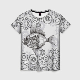 Женская футболка 3D с принтом Рыбка в Курске, 100% полиэфир ( синтетическое хлопкоподобное полотно) | прямой крой, круглый вырез горловины, длина до линии бедер | steampunk | арт | графика | обои | плакат | постер | стимпанк