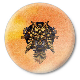 Значок с принтом Кибер сова в Курске,  металл | круглая форма, металлическая застежка в виде булавки | steampunk | арт | графика | обои | плакат | постер | стимпанк