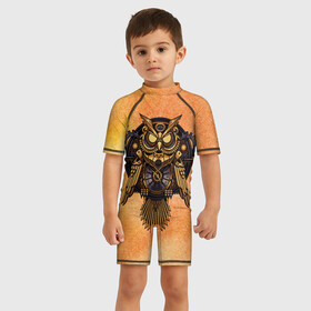 Детский купальный костюм 3D с принтом Кибер сова в Курске, Полиэстер 85%, Спандекс 15% | застежка на молнии на спине | Тематика изображения на принте: steampunk | арт | графика | обои | плакат | постер | стимпанк