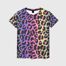 Женская футболка 3D с принтом Neon Leopard Pattern в Курске, 100% полиэфир ( синтетическое хлопкоподобное полотно) | прямой крой, круглый вырез горловины, длина до линии бедер | africa | afrika | gradient | summer | tropical | африка | африканский узор | градиент | леопард | леопардовый узор | лето | неон | неоновое свечение | паттерт | пятна | разные цвета | саванна | тропики | тропический узор